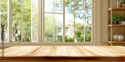 Warm, sunlit room with wooden table and open window to lush greenery