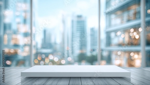 Empty white platform on wooden surface with blurry city view background