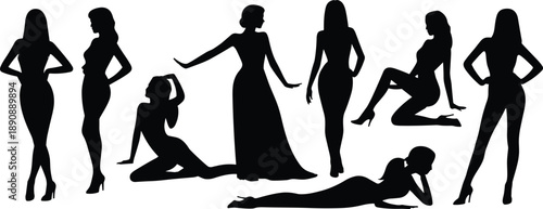 Elegant female fashion model silhouette set women posing standing sitting isolated white background black beauty vector illustration design