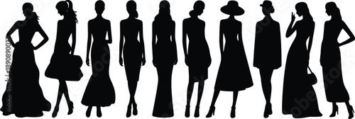 Fashionable female silhouettes in elegant dresses and hats, stylish women standing in a row, minimalist fashion illustration isolated on white