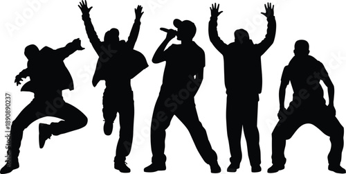 Hip hop rapper silhouette set street dance music performance singers dancers urban culture isolated white background black vector illustration design