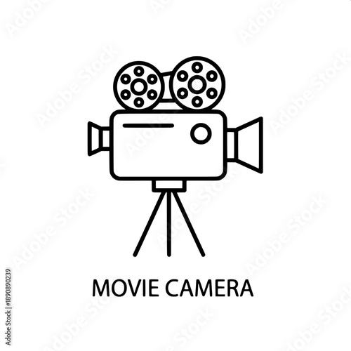 Retro movie camera icon with film reels and tripod stand for cinematic production