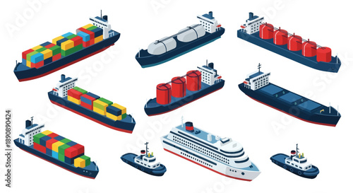 Isometric illustration of various commercial ships and harbor tugboats