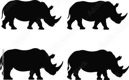 Black rhinoceros walking silhouette set isolated on white background wildlife animal motion illustration vector collection for design and animation