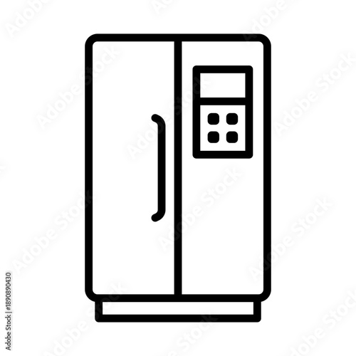 Smart refrigerator with touch screen, linear icon. Modern fridge, kitchen appliance, food storage and digital interface. Line with editable stroke