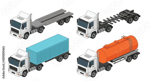 Isometric illustration of various trucks and trailers for transportation