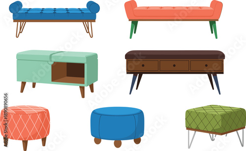 Mid Century Modern Furniture Vector Illustration Set with Benches Cabinets Ottomans and Tables for Interior Design Home Decor and Retro Style Projects