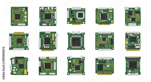 Collection of various green circuit boards with integrated microchips