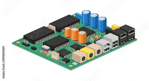 Isometric illustration of a complex electronic circuit board with various components