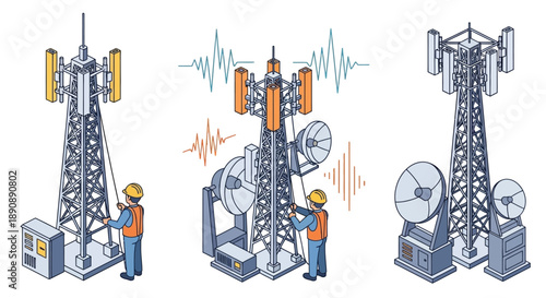 Cell towers showing signal transmission and maintenance workers performing repairs