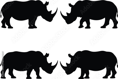 Black rhinoceros silhouette set facing each other, wild African animal shapes, strong wildlife illustration isolated on white background