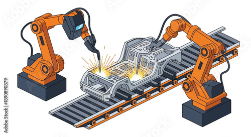 Automated robotic arms welding a car chassis on a conveyor belt