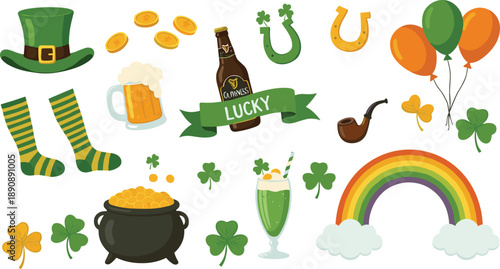 Saint Patricks Day Vector Illustration Set with Leprechaun Hat Beer Clover Rainbow and Lucky Symbols for Irish Holiday Decorations Posters and Festive Designs