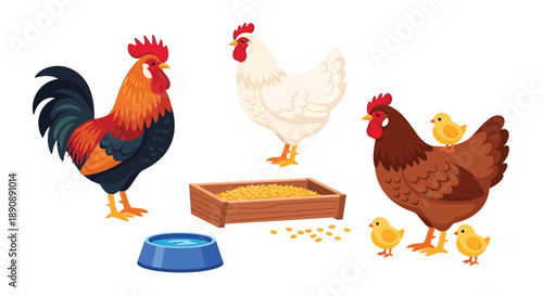 Cartoon illustration of a rooster hens and chicks with feeding trough