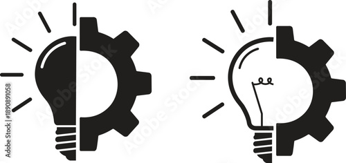 Light Bulb and Gear Icons Set. Creative Idea and Engineering Concept Vector Illustration. Innovation and Problem Solving Symbols for Business and Technology