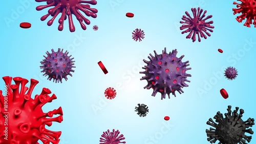 Coronavirus floating in blue background with red blood cells and microscopic virus particles motion graphics