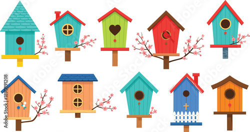 Colorful Birdhouse Vector Illustration Set with Decorative Wooden Bird Houses and Spring Blossom Branches for Garden Nature and Home Decor Designs