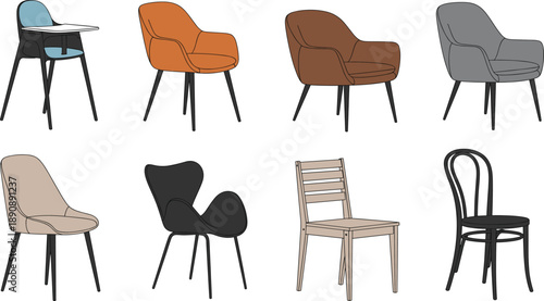 Chair Vector Illustration Set with Modern Dining Lounge and Wooden Chairs in Different Styles for Interior Design Furniture Catalogs and Home Decor Projects
