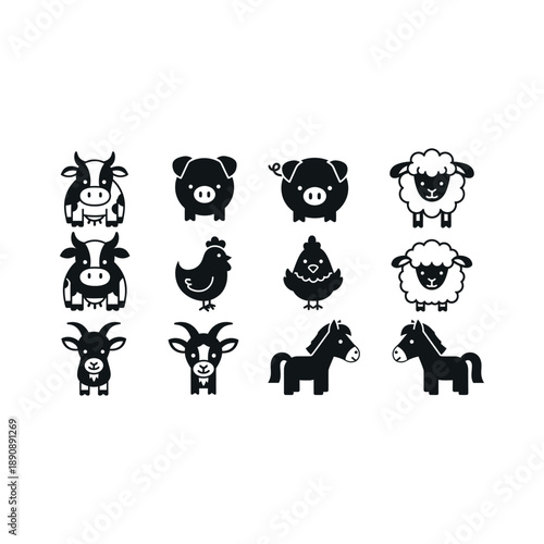 Collection of farm animals illustrations including cows, pigs, sheep, and horses in various poses and designs.
