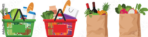 Grocery Shopping Vector Illustration with Baskets and Paper Bags Filled with Food and Produce for Retail Supermarket Delivery and Consumer Design Projects