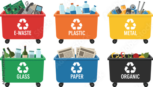 Recycling Bins Vector Illustration Set with Waste Separation for Plastic Metal Glass Paper Organic and Electronic Trash Management Designs