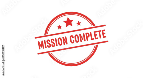 A vibrant red circular badge proclaims mission complete with a star motif signifying success high quality professional detailed
