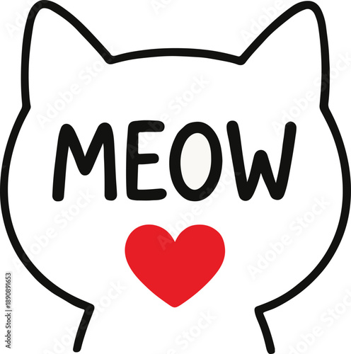 Meow lettering text. White cat head silhouette shape. Cute cartoon character. Red heart. Love card. Kawaii animal. Baby pet collection. Sign Symbol. Flat design style