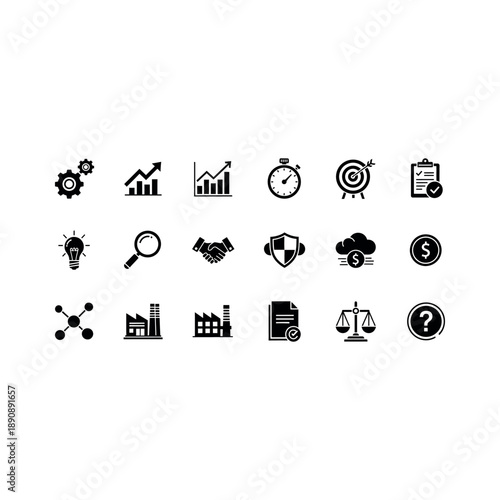 Collection of black business icons on white background illustrating various concepts