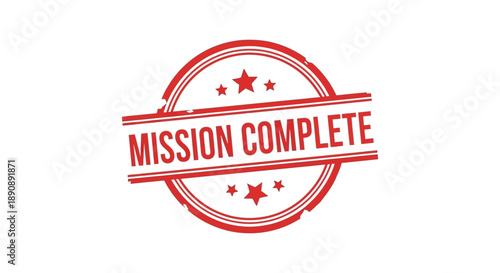 A vibrant red stamp displaying the phrase mission complete with surrounding stars and a circular border high quality