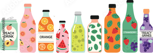 Fruit Juice Bottle Vector Illustration Set with Colorful Drink Containers Featuring Peach Orange Watermelon Strawberry and Grape Flavors for Packaging and Branding Designs