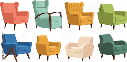 Armchair Vector Illustration Set with Colorful Upholstered Lounge Chairs in Different Styles for Interior Design Furniture Catalogs and Home Decor Projects