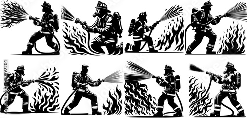 Bold outline firefighter spraying water hose vector silhouette in dynamic action, high contrast, isolated