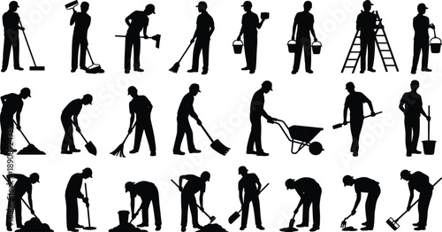 Construction and cleaning worker silhouettes performing sweeping, digging, carrying, ladder work and maintenance tasks, black flat vector illustration set for labor concept
