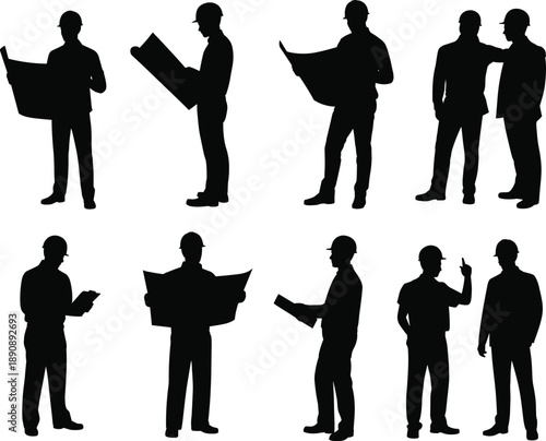 Construction engineers and architects silhouettes holding blueprints, professional planning teamwork scene, black vector illustration set for architecture engineering project management concepts