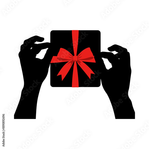 black silhouette hands holding gift box with red ribbon on it