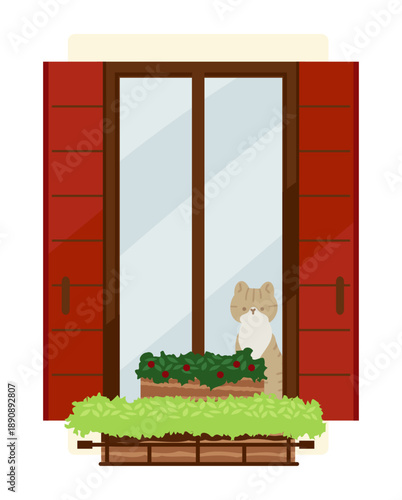 窓辺の猫と赤い鎧戸の外観素材 / Cat Looking Out the Window