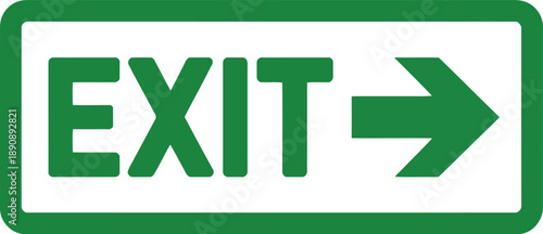 A prominent green exit sign with a clear arrow pointing right on a clean white background