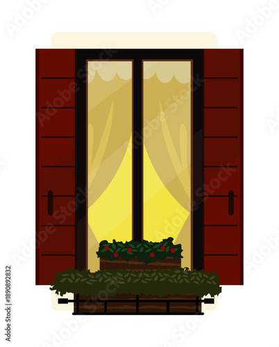 夜の静寂と温かい室内灯が灯る窓辺のイラスト/Illustration of a window with quiet night and warm indoor lighting