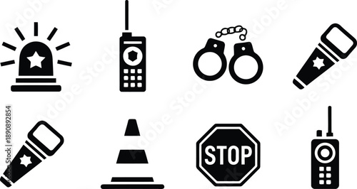 A selection of essential black outline icons depicting various tools and symbols of police and law enforcement