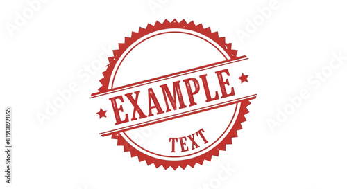 A vibrant red circular stamp with a jagged edge displays the word example and smaller text high quality