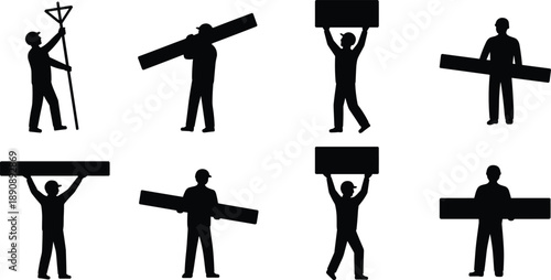 Construction worker silhouettes carrying beams and materials, manual labor activities in building site, black flat vector illustration set for industrial design