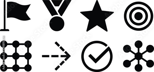 A Set of Black Icons Including Goal Markers Awards and a Connected Nine Dot Grid Network