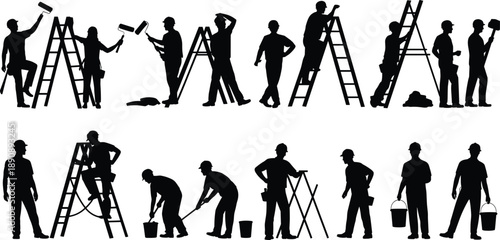 Construction workers silhouettes performing painting and maintenance tasks on ladders, professional labor activities, black flat vector illustration for industry, renovation, workforce concepts