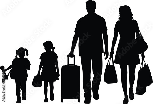Family travel silhouette vector illustration showing parents and children walking with luggage, vacation journey concept, airport holiday lifestyle black design