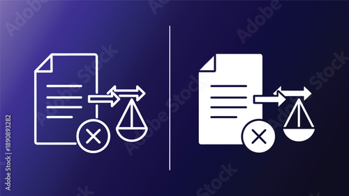 Law and justice concept with balance scales and documents on purple background symbolizing fairness and equality