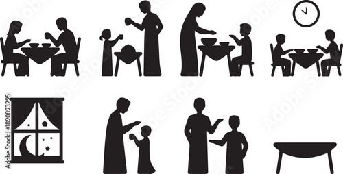 Vector illustration set featuring black stick figure silhouettes of a family, a businessman team in a business office handshake, and a person with a dog pictogram symbol design