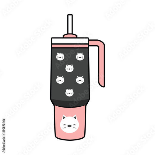 Cartoon cat tumbler. Pink and black reusable cup. Vector illustration of cat faces. Kawaii design. Drinkware. Feline character. White background. Simple style. Cat tumbler. Cute cup.