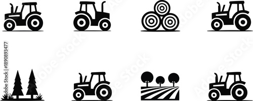 A set of simple monochrome icons representing farm tractors, cultivated landscapes, and natural forestry elements