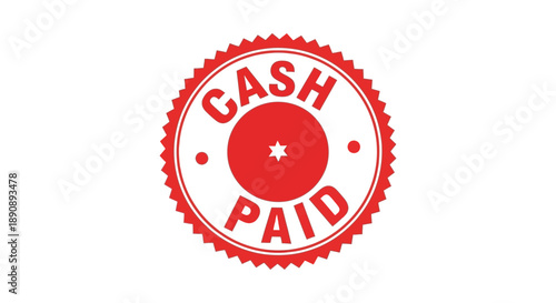A vibrant red circular stamp boldly proclaims cash paid in white lettering featuring a star high quality professional