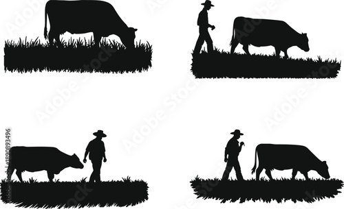 Farmer herding grazing cow silhouettes, rural countryside agriculture scenes with cattle on grass, traditional farming lifestyle concept, black vector illustration isolated